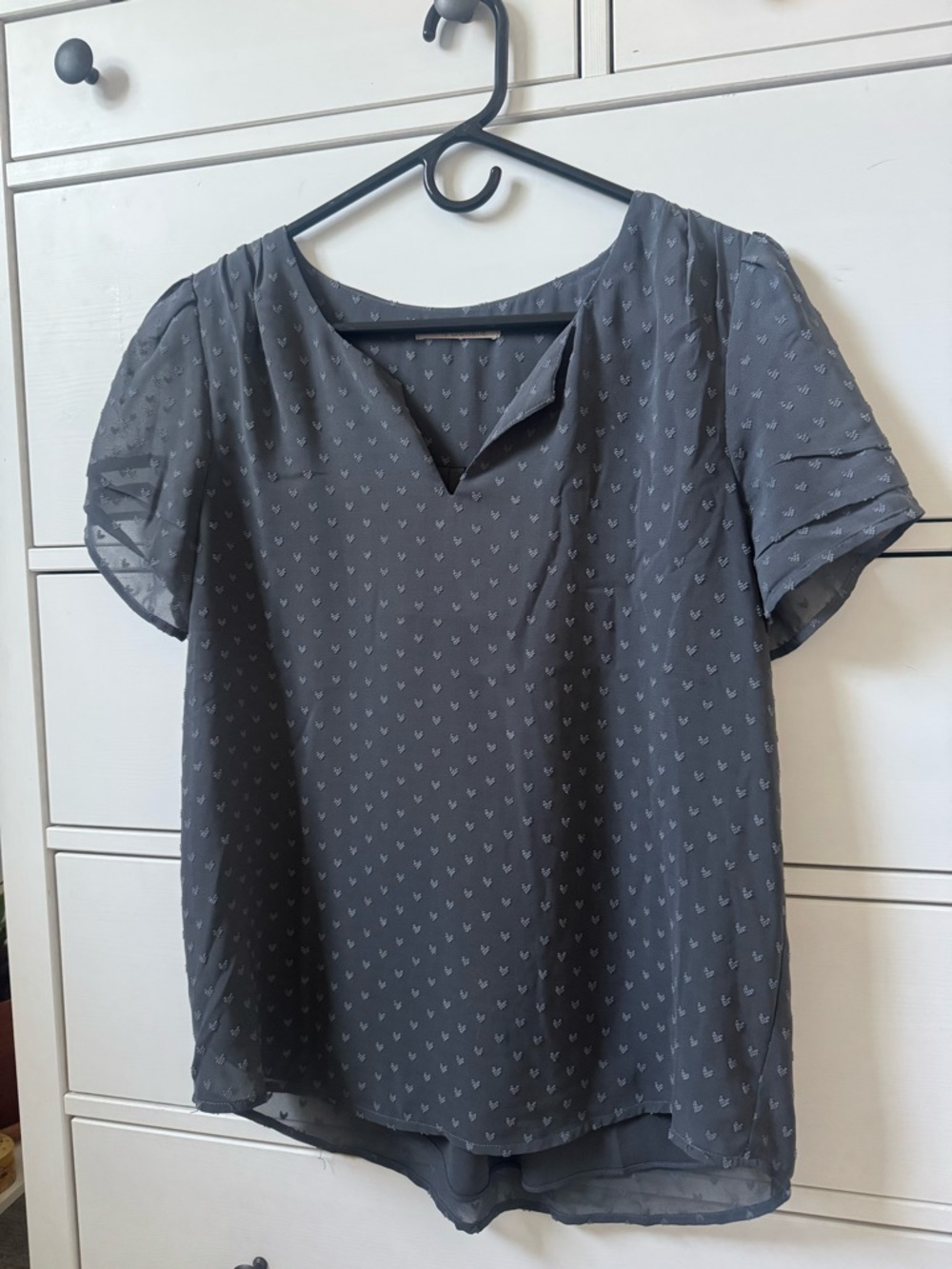 My Danielle Gray V Neck Heart Print Ruffle Sleeve Blouse